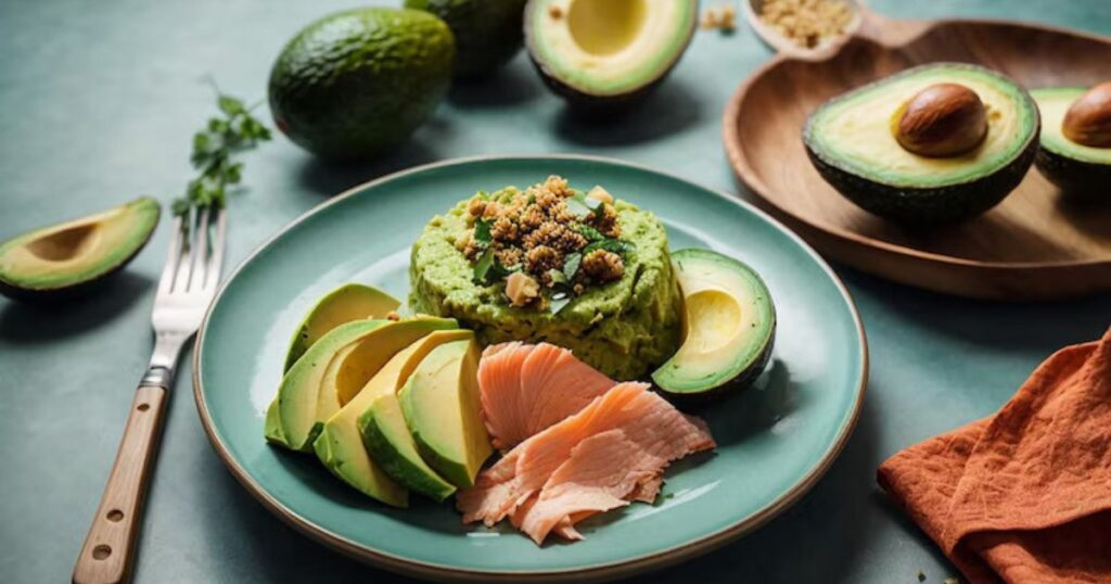 Keto Delight: Avocado and Smoked Salmon Plate A healthy keto meal from a Personalized Keto meal plan, featuring fresh avocado slices, smoked salmon, and a creamy avocado mousse topped with nuts and herbs, served on a green plate.