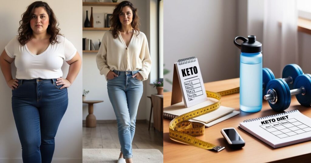 A side-by-side comparison of a woman before and after weight loss, featuring a Personalized Keto Meal Plan, a measuring tape, dumbbells, a water bottle, and a smartphone on a desk.