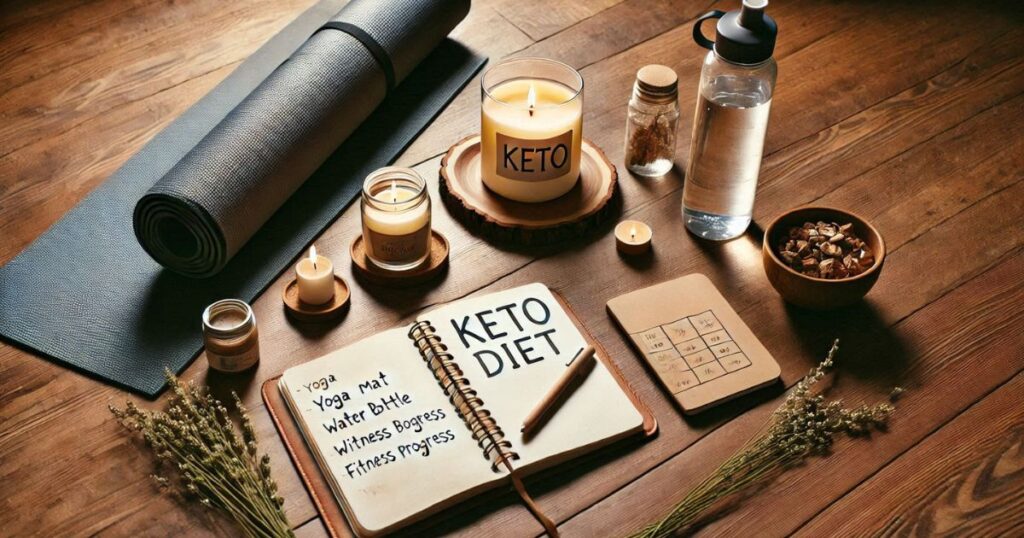 Keto Lifestyle A cozy wellness setup showcasing a Personalized Keto meal plan, alongside a keto journal, candles, a yoga mat, a water bottle, and healthy snacks on a wooden surface.
