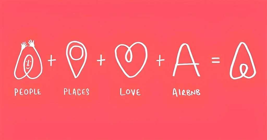 Illustration explaining the Airbnb logo concept, combining people, places, love, and the letter "A."