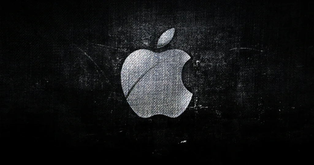 Textured Apple logo on a dark grunge background.