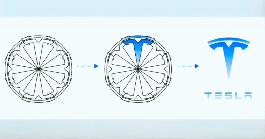 Illustration showing the origin of the Tesla logo from an electric motor component.
