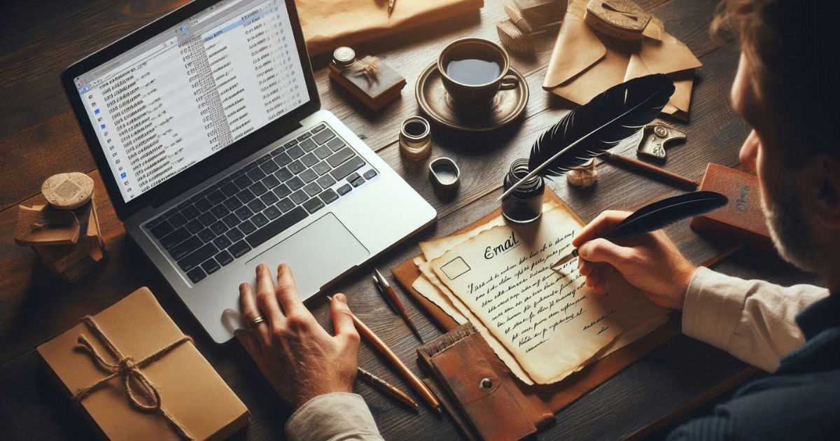 A person writing an email with a quill on aged parchment paper while using a laptop displaying an email inbox. The desk is adorned with vintage items such as an ink bottle, wax seal, and old-fashioned stationery.