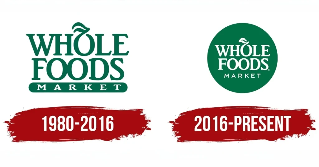 A comparison of the Whole Foods Market logo before and after 2016, showing design changes.