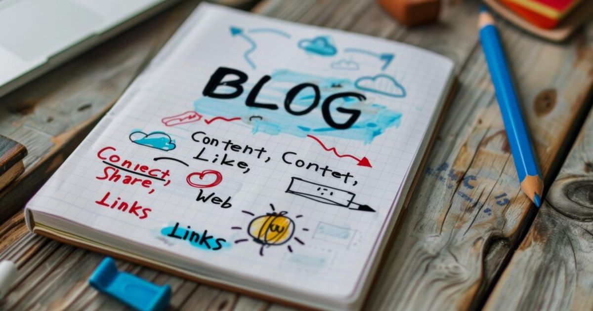 A notebook on a wooden desk with colorful handwritten notes and doodles related to blogging, including words like "BLOG," "Content," "Links," and "Connect," alongside a blue pencil and office supplies.