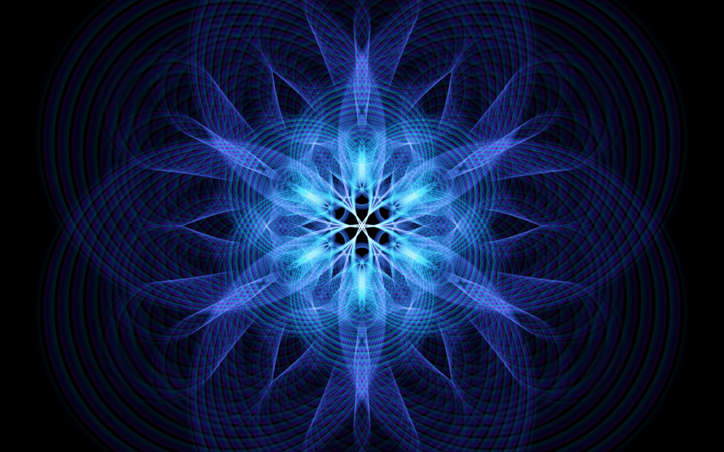 A mesmerizing blue fractal mandala pattern with intricate symmetrical geometric shapes on a black background.