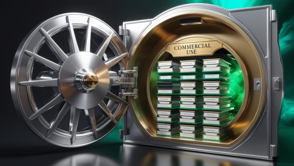 Design Bundles Vault: A metallic vault door opens to reveal neatly stacked green folders labeled “Commercial Use,” symbolizing organized access to licensed content.