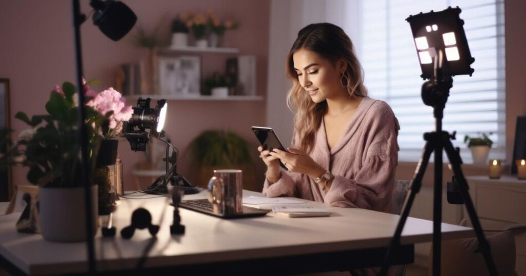 Content Creator in a Home Studio A young female content creator working in a cozy home studio with professional lighting and recording equipment, creating Social Media Videos.