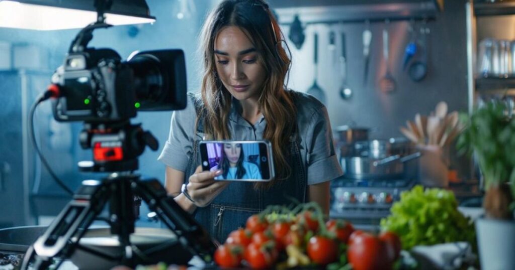 Food Blogger Recording a Cooking Video A young female food blogger recording a cooking video for Social Media Videos in a professional kitchen with a DSLR camera and smartphone.