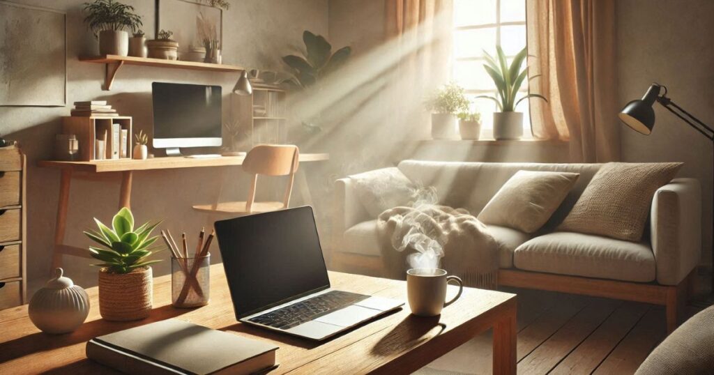 A warm and inviting home office with a wooden desk, laptop, steaming cup of coffee, and natural light streaming through a window, surrounded by plants and cozy decor.