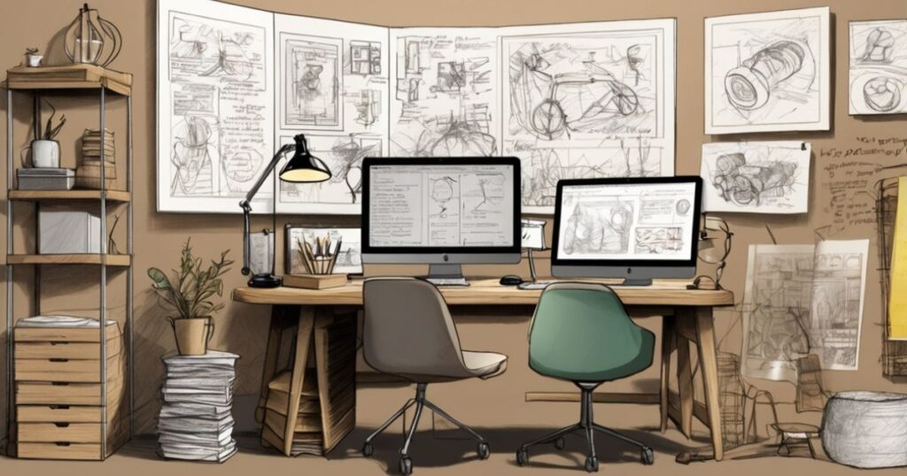 A creative workspace with dual monitors, sketch drawings pinned on the walls, and a desk filled with pencils and design tools, showcasing an organized and inspiring design environment.