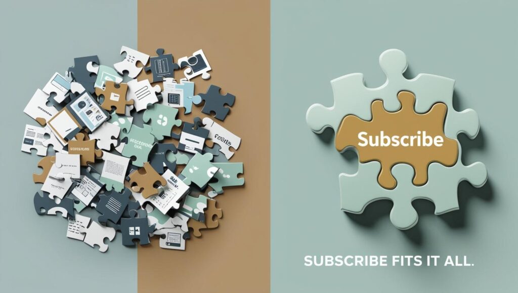 Design Bundles Puzzle: Puzzle pieces representing creative tools, with one central piece labeled "Subscribe" fitting perfectly — symbolizing the value of Creative Fabrica's all-access subscription.