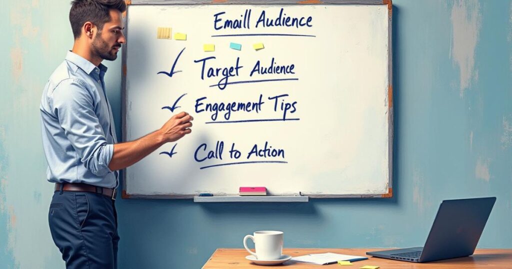 Email Marketing Strategy Presentation Professional man standing near a whiteboard, presenting key points on email marketing strategy, including target audience, engagement tips, and call to action, with a laptop and coffee cup on the desk.
