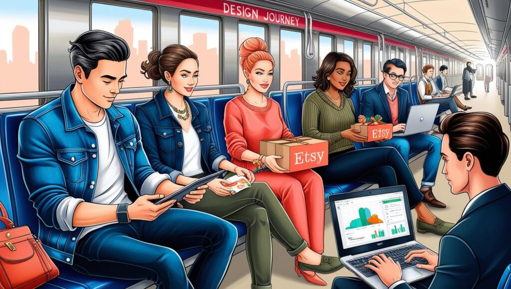 Design Bundles Journey: An illustrated group of diverse Etsy sellers working and sharing ideas on a subway ride labeled “Design Journey,” holding Etsy packages and using digital tools.