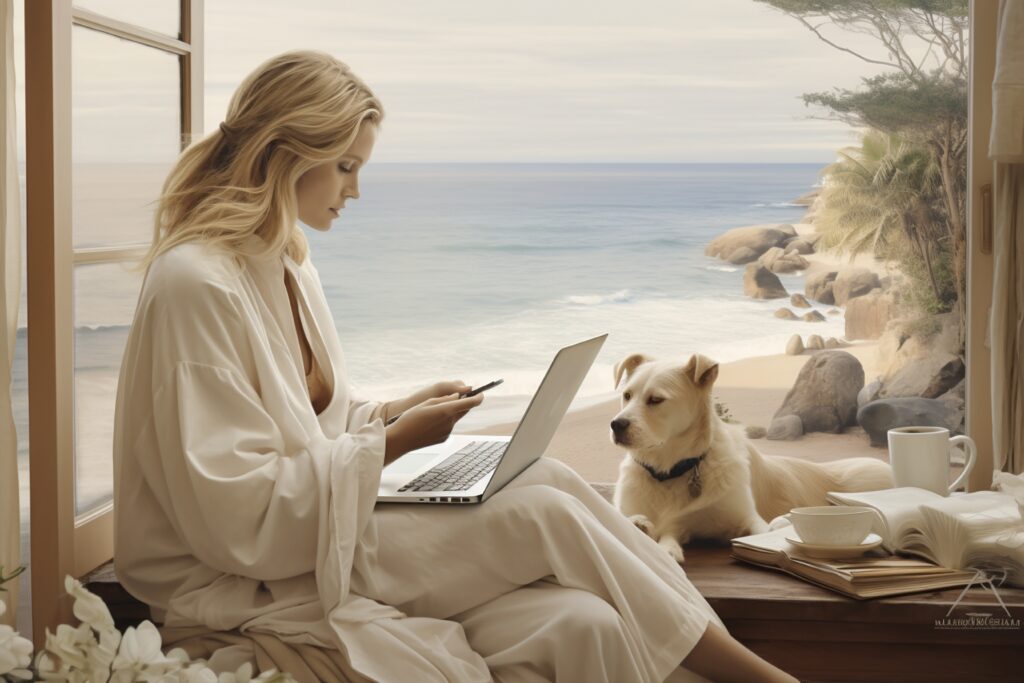 Work from home jobs: Woman in a white robe working on a laptop by a large window with an ocean view, accompanied by a dog, reflecting the freedom of remote work.