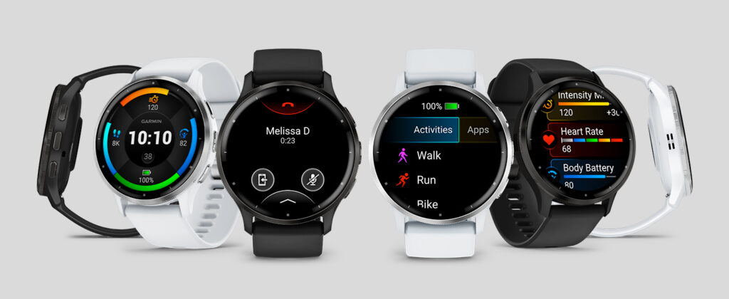 Garmin Venu 3 smartwatch packaging displaying a black fitness GPS smartwatch with a round face and modern design.