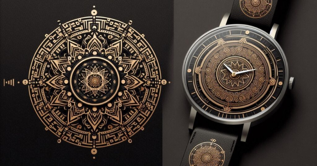 A luxury wristwatch with an intricate mandala-inspired geometric design in gold and black tones, featuring a matching ornamental background.