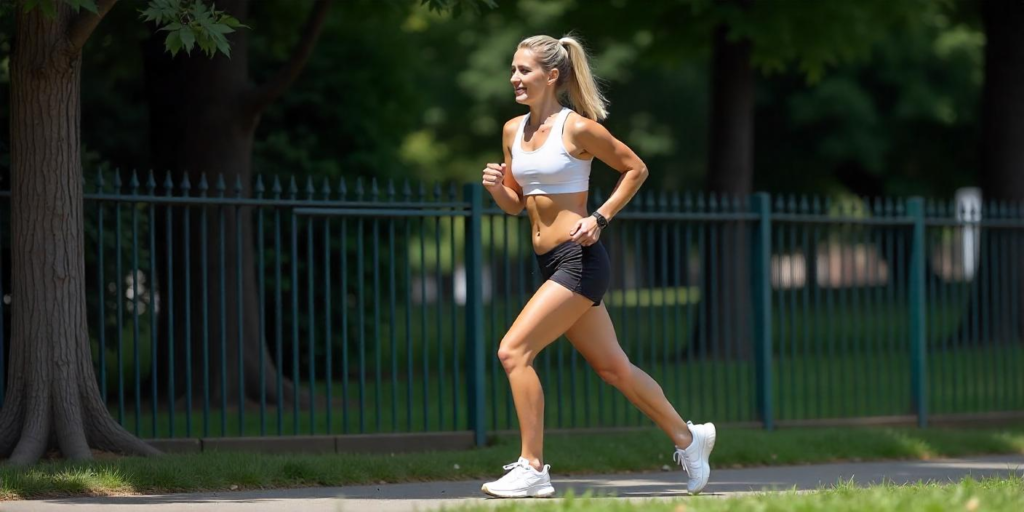 A fit blonde woman in athletic wear jogging along a paved path in a park, surrounded by greenery.