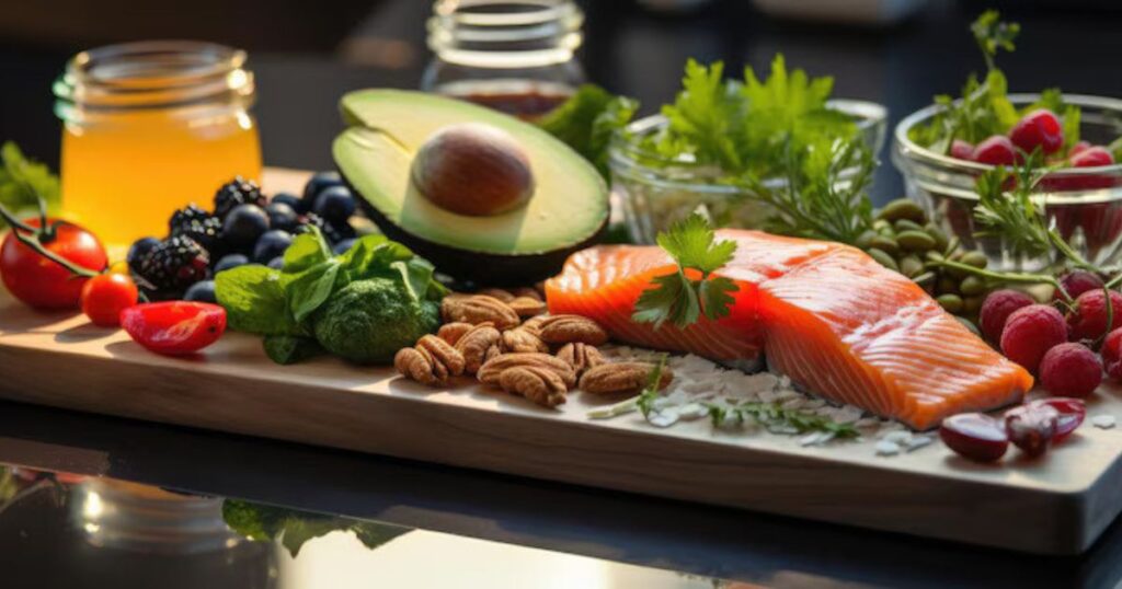 Keto-Friendly Foods from a Personalized Keto Meal Plan for a Healthy Diet A wooden board displaying a variety of keto-friendly foods, including salmon, avocado, nuts, berries, herbs, and honey jars.