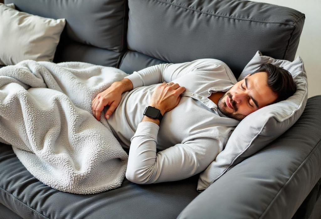 A man wearing a smartwatch sleeping on a gray couch with a cozy blanket.
