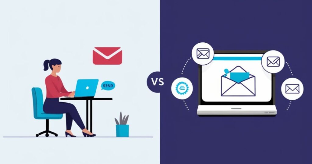 Manual vs. Automated Email Marketing Comparison between a woman manually sending emails on a laptop and an automated email system on a computer screen.