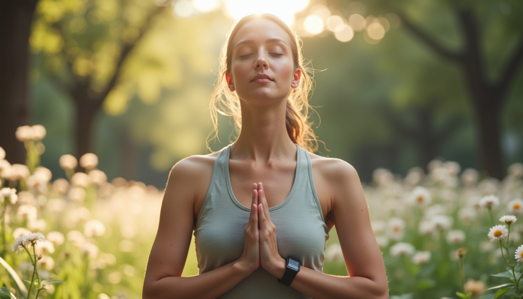 A young woman practicing mindfulness meditation in a peaceful outdoor setting, surrounded by blooming flowers and bathed in warm sunlight.