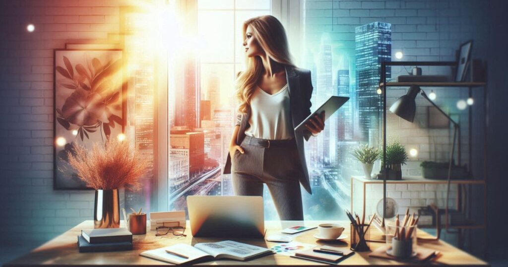 A confident businesswoman in a stylish suit stands by a large window overlooking a futuristic city skyline, holding a tablet. The warm sunlight contrasts with the cool tones of the illuminated skyscrapers.