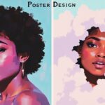 A digital painting of a Black woman in two artistic styles; on the left, a realistic portrait with natural curls, and on the right, a surreal representation where her face emerges from cloud-like shapes.