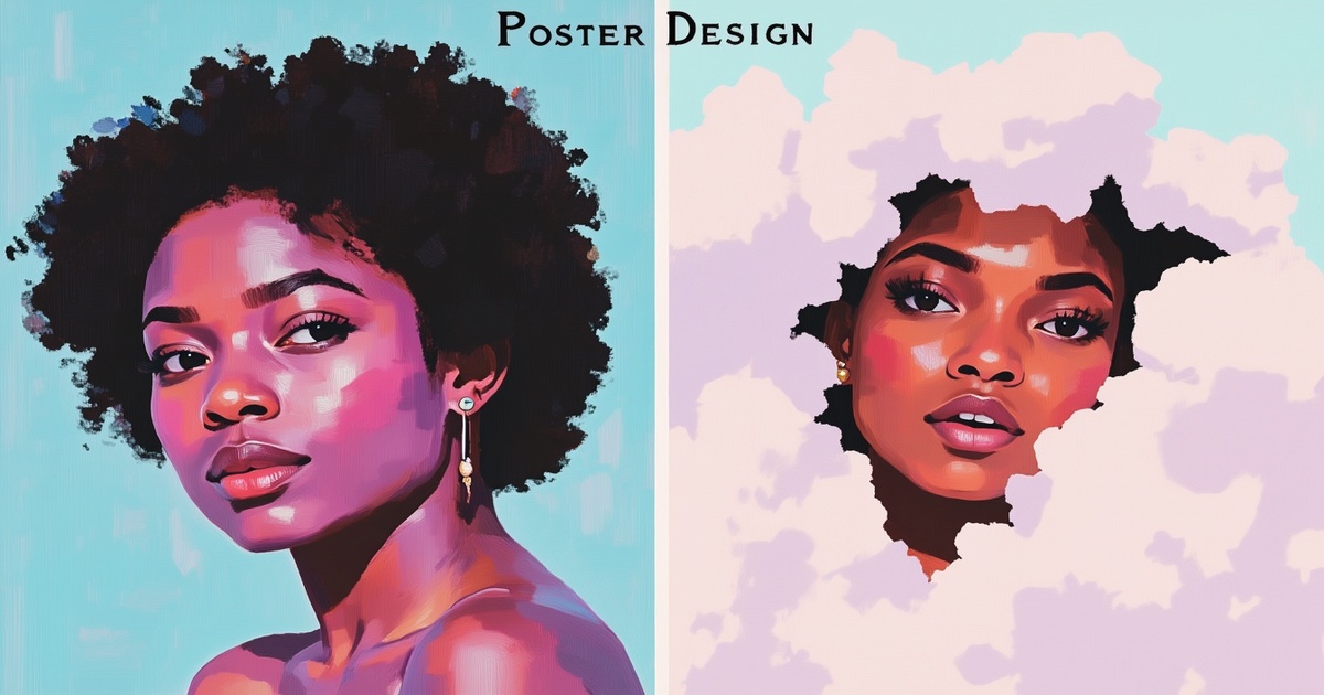 A digital painting of a Black woman in two artistic styles; on the left, a realistic portrait with natural curls, and on the right, a surreal representation where her face emerges from cloud-like shapes.