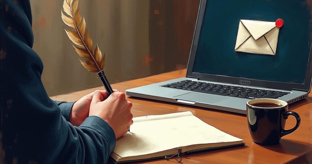 Creative Writing Scene with Quill and Laptop Person holding a quill pen while writing in a notebook, with a laptop displaying an email icon in the background and a cup of coffee on the desk.