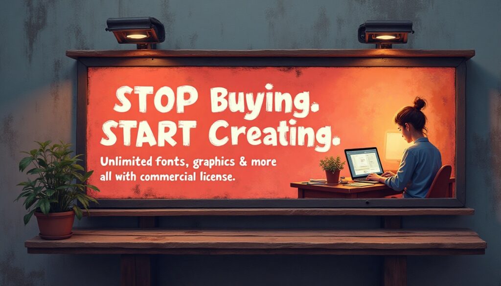 Creative banner with a woman working on a laptop next to the text "Stop Buying. Start Creating." promoting unlimited commercial-use design assets
