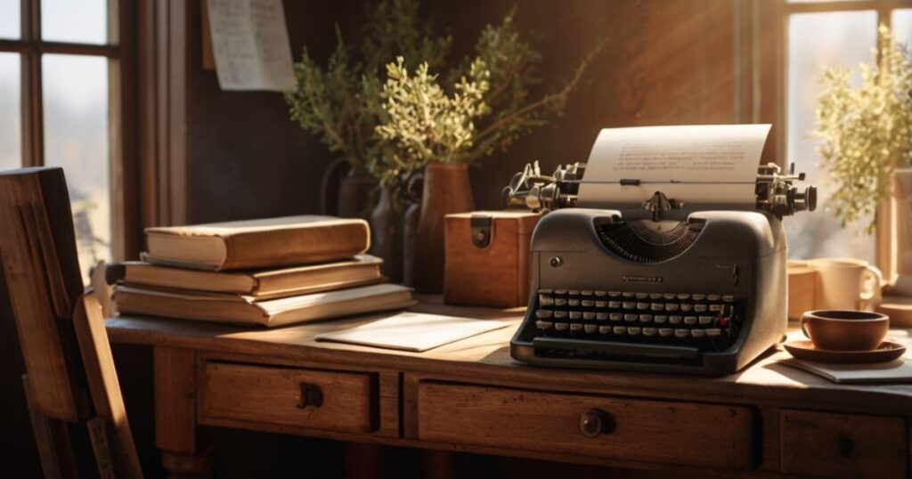 Work from home jobs: A vintage typewriter on a wooden desk with a sheet of paper, books, coffee, and plants, capturing the cozy atmosphere of online writing.