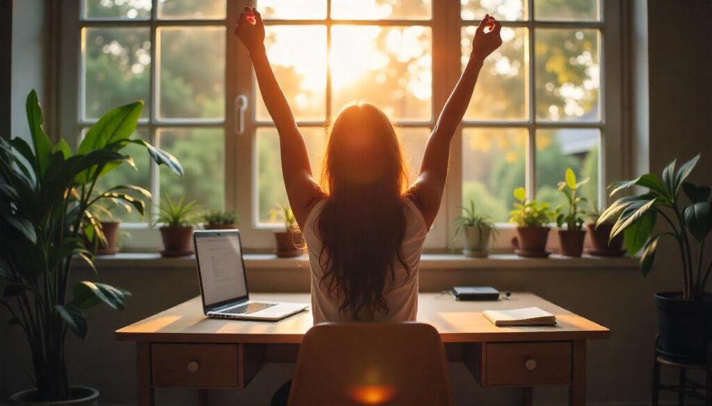 Work from home jobs: Woman sitting at a desk surrounded by plants, stretching her arms toward sunlight streaming through a large window, symbolizing the freedom of remote work.