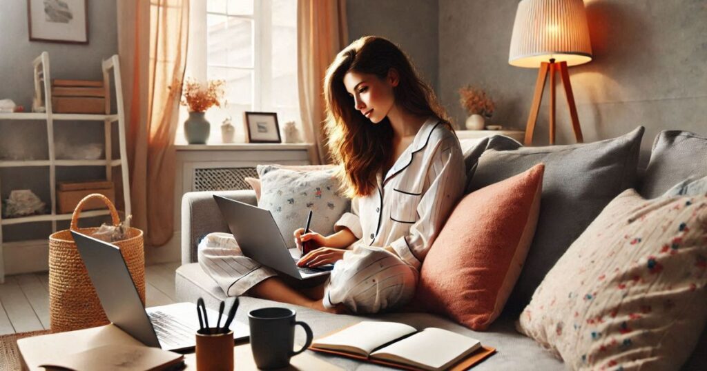 Work from home jobs: A woman in pajamas working on a laptop in a cozy living room with warm lighting and soft decor, highlighting the comfort of online jobs.