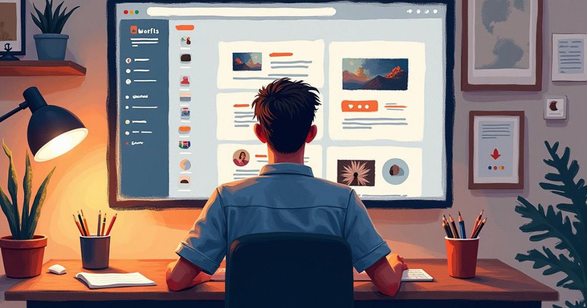 A digital artist or professional working at a desk with a large monitor displaying a creative dashboard, surrounded by plants and framed artwork in a cozy, well-lit workspace.