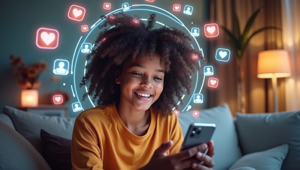 Young Content Creator Engaging with Social Media A young girl with curly hair in a mustard-yellow sweater smiles at her smartphone, surrounded by floating social media icons, representing engagement in Social Media Videos.